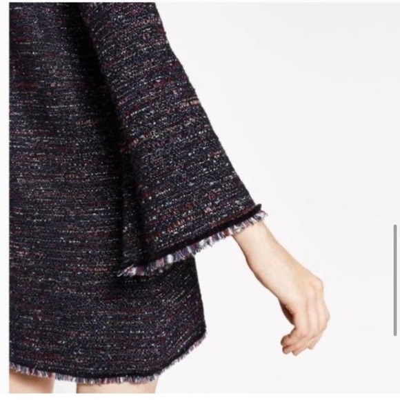 Zara Tweed Fringe Black Tunic Dress Small Bell Sleeves Deep V Neck Stich Colors - Picture 6 of 14